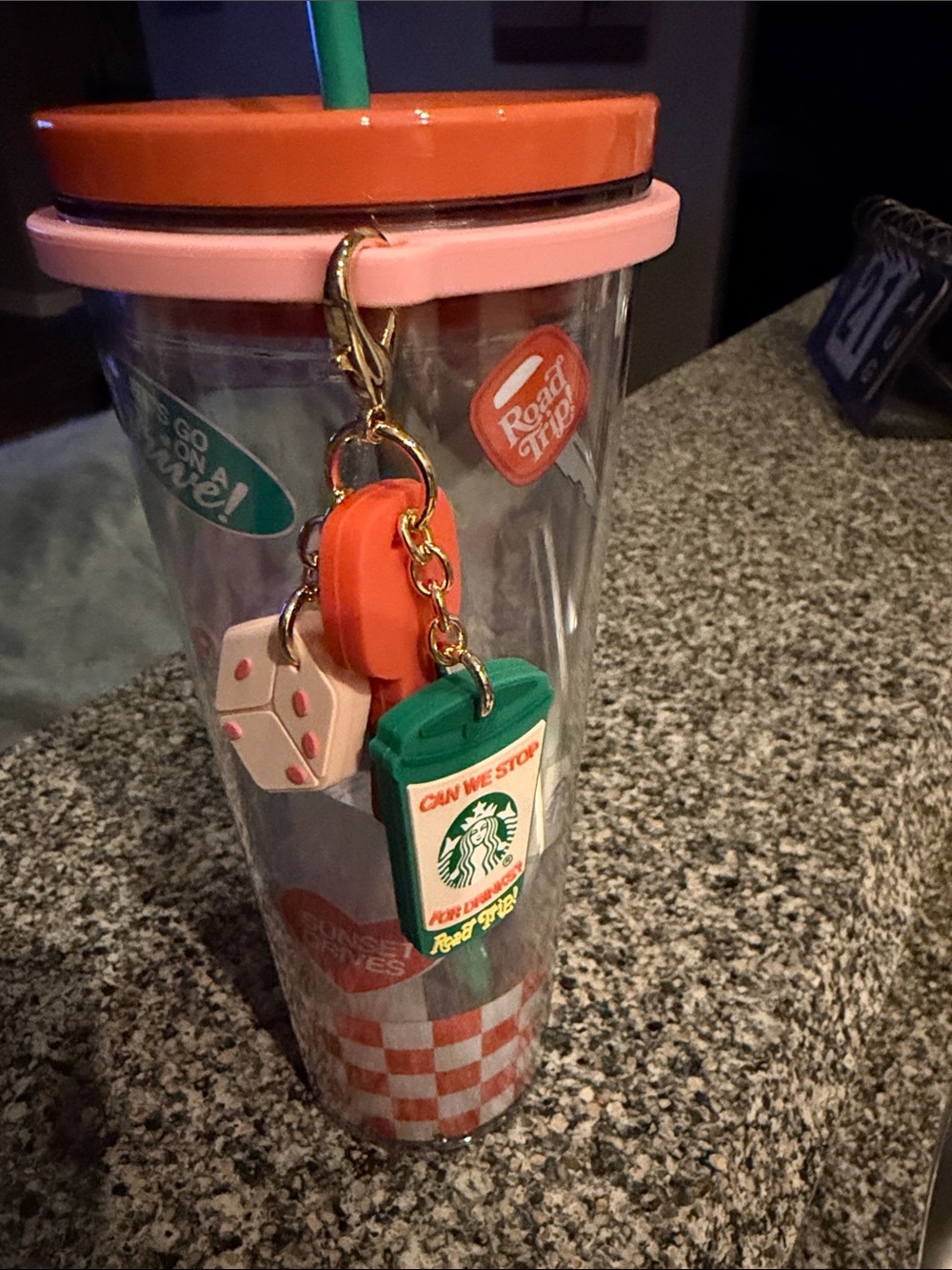 Starbucks Pink & Orange Acrylic Tumbler with Green Charm Rpad trip nwt